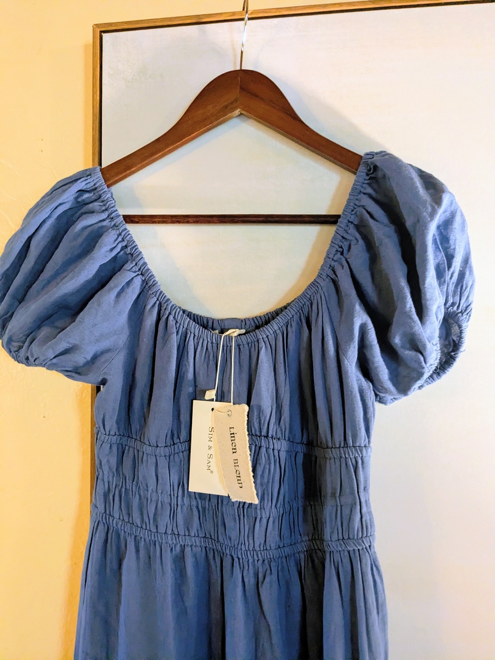 Sim & Sam Linen Blend Puff Sleeve Blue Women's Dress